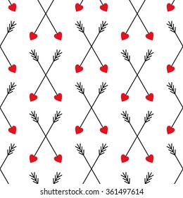 Cupid's arrows seamless pattern. Cute crossing arrows background for Valentine's Day. Abstract arrows with red hearts illustration. 