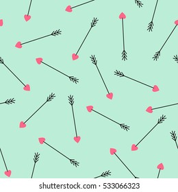 Cupid's arrows seamless pattern on mint green background. Cute arrows background for Valentine's Day