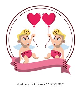 Cupids with balloons on round emblem