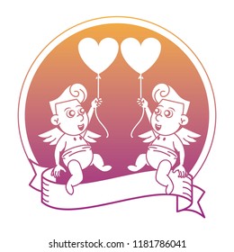 Cupids with balloons on round emblem rainbow lines