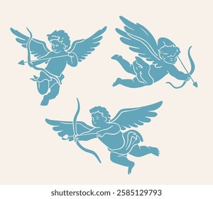 Cupids. Beautiful St. Valentine's Day illustration. Three blue cupids silhouettes on beige background