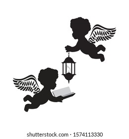 cupids with book and lantern, vector