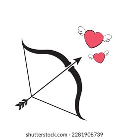 Cupides Bogen und Pfeil zielen auf zwei fliegende Herzen.