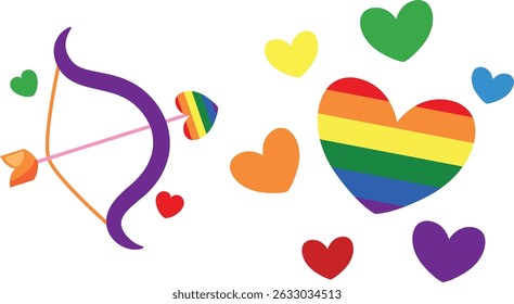 cupid's Bogen und Pfeil, mit dem Pfeil ist fletching in Regenbogenfarben, symbolisieren LGBTQ+ Stolz. Daneben gibt es mehrere Herzen in verschiedenen Farben, darunter ein großes regenbogenfarbenes Herz