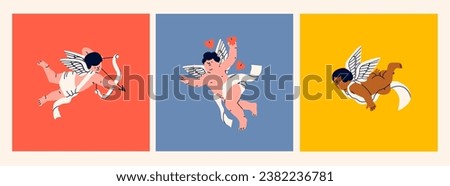 Cupids with bow, arrow and hearts. Set of cute flying characters. Hand drawn trendy Vector illustration. Isolated design elements. Valentine's Day, romantic holiday concept. Logo, card, print template