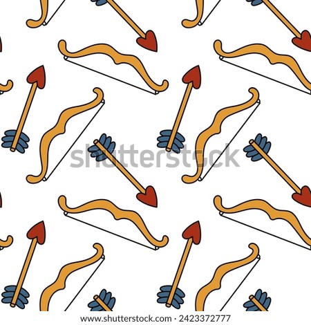 Cupid's bow and arrow pattern with retro heart. Seamless pattern with Cupid's arrows. Vector illustration on a white background for the Valentine's Day holiday. Cute texture for printing