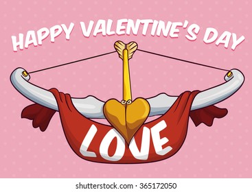 Cupid's bow and arrow with red ribbon with a Valentine's Day greeting message.