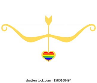 Cupid's bow and arrow with tip heart  stylized as an LGBT flag, isolated on white background.The concept of the reason of same-sex marriage. Vector stock illustration. 