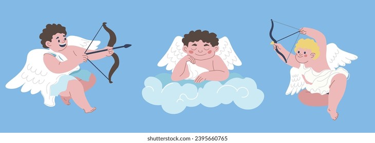 Cupids with bow and arrows floating on clouds. Isolated angels with wings wearing white clothes. Cute kids characters, Saint Valentines day celebration holding of love. Vector in flat styles