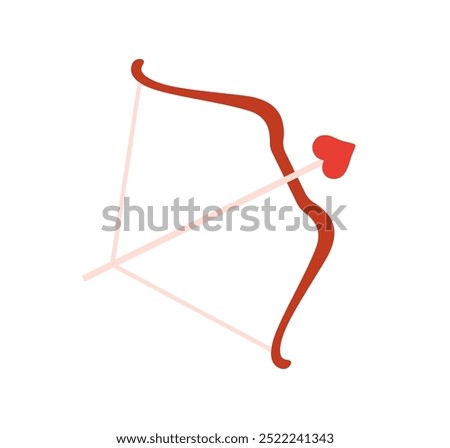 Cupids bow and heart-shaped arrow, love and romance symbol. Aiming, targeting, shooting for affection, amour, romantic Valentine Day holiday icon. Flat vector illustration isolated on white background