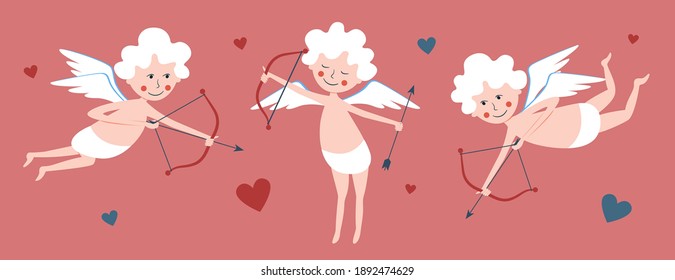Cupids with bows and arrows in different poses. Cupid's arrow. Valentine's Day.