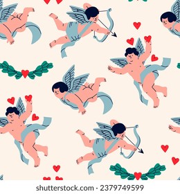 Cupids or cherubs, wreath, hearts. Cute flying characters with bow, arrow and wings. Hand drawn Vector illustration. Valentine's Day, romantic holiday celebration concept. Square seamless Pattern