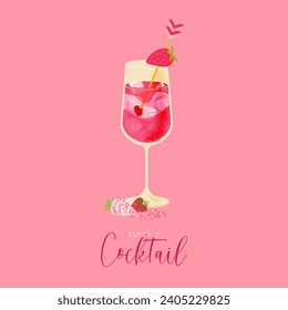 Cupid's cocktail. Alcohol drink with champagne, Strawberry, Grapefruit juice, Gin. Cute Vector illustration for Valentine's day, Women Romantic holiday