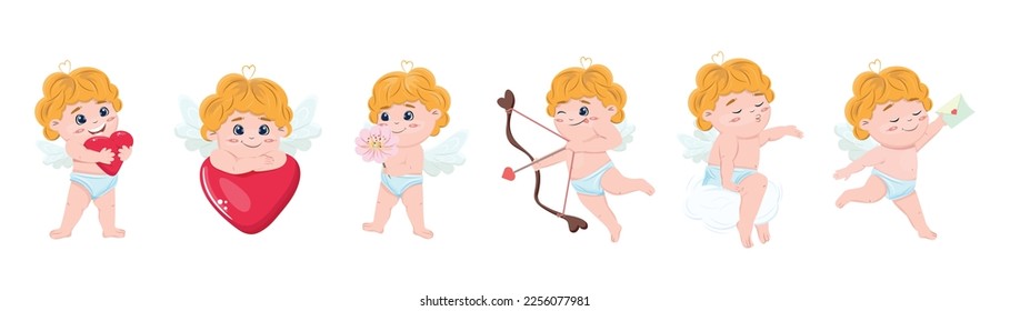 Cupids collection in flat style. Cute group of cupids in love