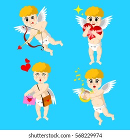 Cupids drawn in four roles isolated on monochrome background. Cupid aiming his bow. Cupid giving love letter. Cupid playing love music. Cupid holding valentine's day gift. Vector illustration.
