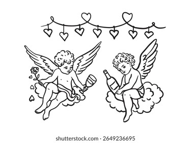 Cupidos com óculos, uma ilustração engraçada desenhada à mão. Amor e dia dos namorados. Vetor isolado de imagem desenhada à mão em preto.