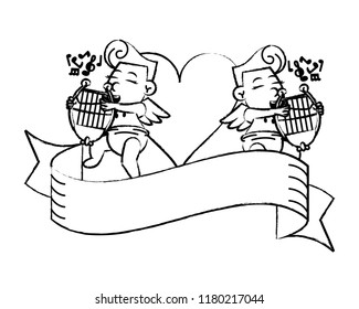 Cupids with harps and blank ribbon banner sketch