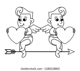 Cupids with hearts and arrow in black and white