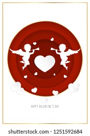 Cupids with hearts in paper cut  craft style. St. Valentine’s Day design for greeting card, advertising. Vector Illustration. 

