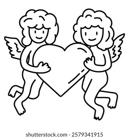 cupids holding heart. vector doodle outline illustration