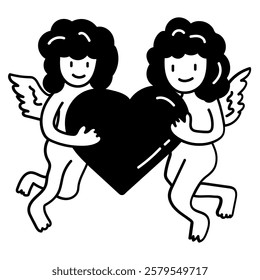 cupids holding heart. vector doodle illustration