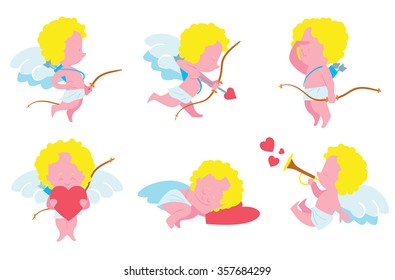 Cupids isolated on white background. Love characters, cartoon style. Amur collection.