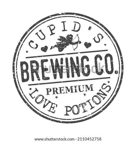 Cupid's Love Potion Brewing Co. Stamp Round Design Vector Insignia Valentine's Day Badge.