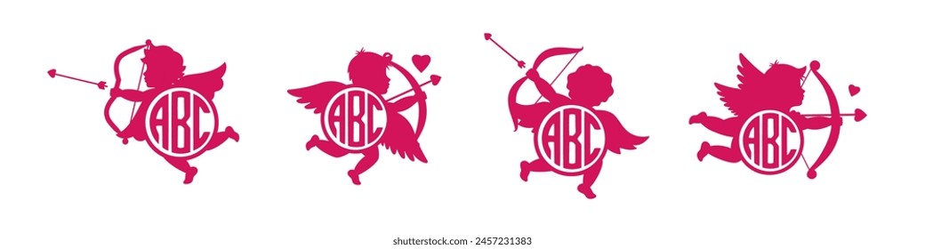 Cupids with monograms. Angel name monogram. Valentine's day. Cherubs silhouette. Cupid shooting arrow. Vector illustration.