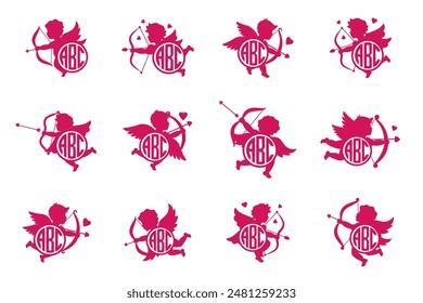 Cupids with monograms. Kids name monogram. Valentine's day. Angel with a wings. Cherubs silhouette. Cupid shooting arrow.