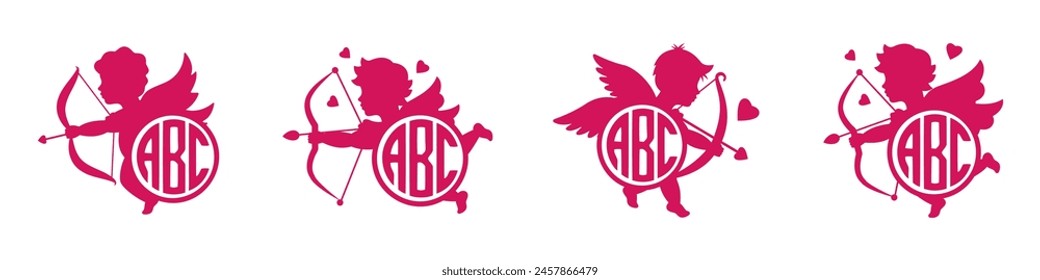 Cupids with monograms. Valentine's day name monogram. Angel with a wings. Cherubs silhouette. Cupid shooting arrow. Vector illustration.