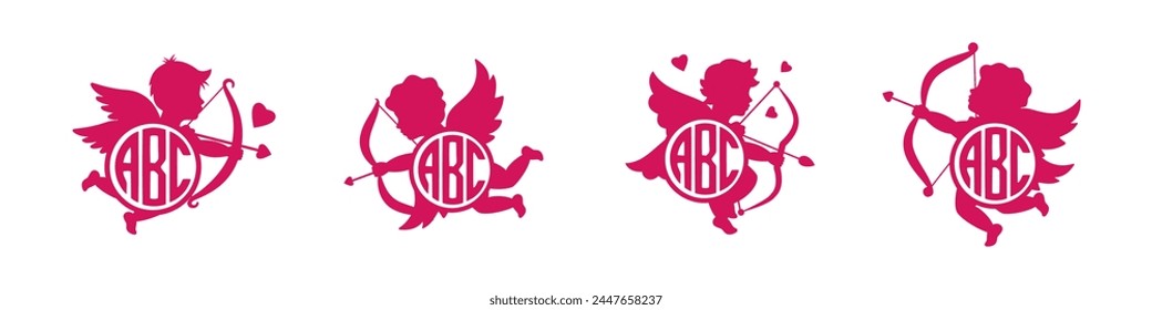Cupids with name monograms. Kids monogram. Valentine's day. Angel with a wings. Cherubs silhouette. Cupid shooting arrow. Vector illustration.