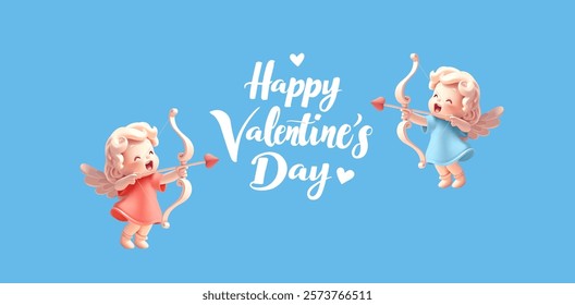 Cupids on a blue sky background shoot arrows from a bow, 3D. Calligraphic greeting for advertising concepts of love, all lovers. Vector