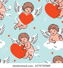 Cupids pattern. Baby angels with wings holding red hearts, sitting on cloud. Valentine's Day wrapping paper, romantic decorations, nursery products. Flat cartoon style for playful aesthetic.