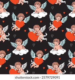 Cupids pattern. Baby angels with wings holding red hearts, sitting on cloud. Valentine's Day wrapping paper, romantic decorations, nursery products. Flat cartoon style for playful aesthetic.