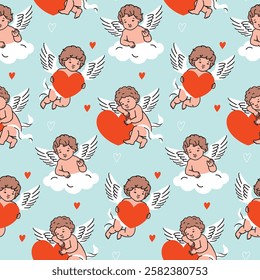 Cupids pattern. Baby angels with wings holding red hearts, sitting on cloud. Valentine's Day wrapping paper, romantic decorations, nursery products. Flat cartoon style for playful aesthetic.