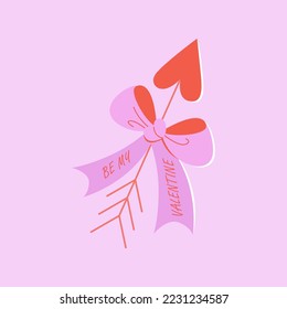 Cupid's red Arrow be my valentine for Saint Valentines day. Heart angel arrow with pink bow, feathers and text. Heart patch, valentine weapon. Love, romantic concept. Flat vector.