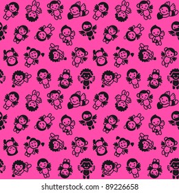 Cupids set, black on pink background, wrapping paper