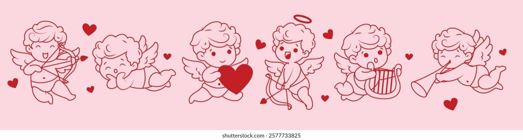 Cupids set. Cute baby angels, kids cherub characters. Flying winged girls, boys shooting with arrow and bow, playing music, singing about love. Flat vector