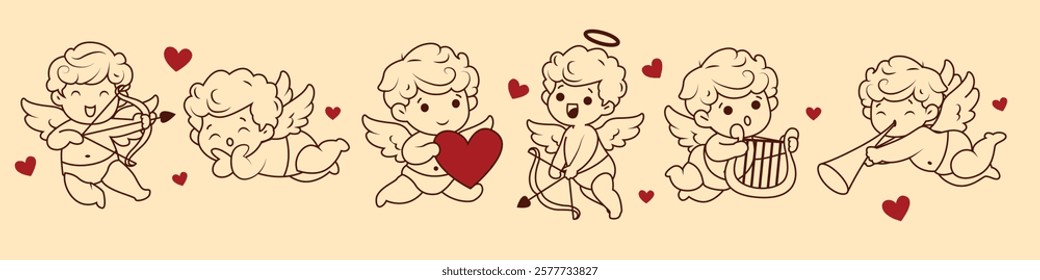 Cupids set. Cute baby angels, kids cherub characters. Flying winged girls, boys shooting with arrow and bow, playing music, singing about love. Flat vector