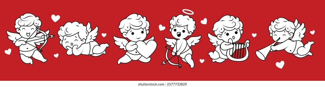 Cupids set. Cute baby angels, kids cherub characters. Flying winged girls, boys shooting with arrow and bow, playing music, singing about love. Flat vector