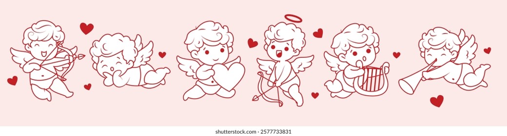 Cupids set. Cute baby angels, kids cherub characters. Flying winged girls, boys shooting with arrow and bow, playing music, singing about love. Flat vector