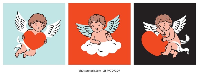 Cupids set. Cute baby angels with wings holding red hearts, sitting on cloud. Romantic design for Valentine’s Day, love themes, and holiday decor.