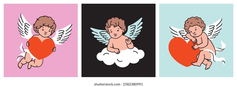 Cupids set. Cute baby angels with wings holding red hearts, sitting on cloud. Romantic design for Valentine’s Day, love themes, and holiday decor.