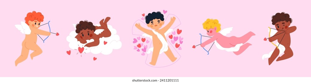 Cupids set. Cute flying angels with a bow and arrow. Vector flat illustration.