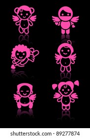 Cupids set, pink icons on black background