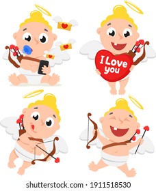 Cupids set sits, flies, aims. Character, Valentines Day