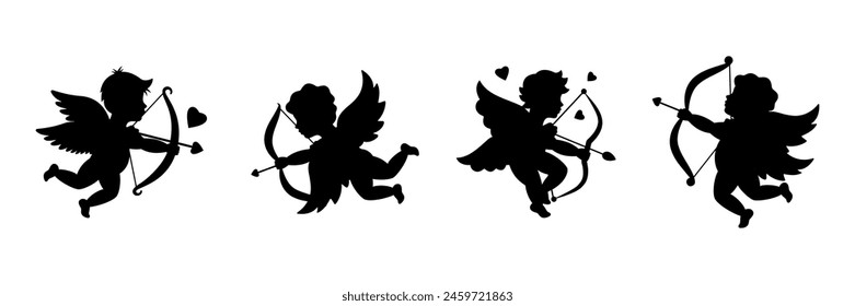 Cupids shooting arrows. Valentine's day. Love symbol. Angels with a wings. Cherubs silhouette. Vector illustration.