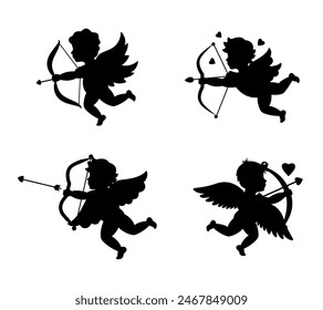 Cupidos disparando flechas. Día de San Valentín. Símbolo de amor. Ángel con alas. Silueta de querubines. Ilustración vectorial.