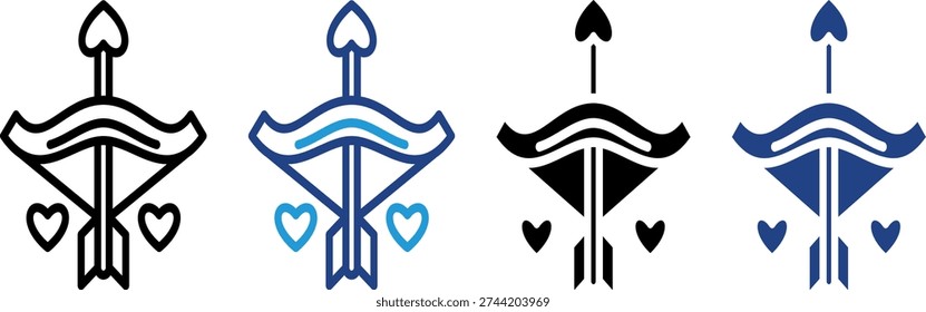 Cupid's signature bow and arrow icon complete with heart ornament details for a love mythology theme or Valentine's Day campaign