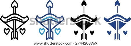 Cupid's signature bow and arrow icon complete with heart ornament details for a love mythology theme or Valentine's Day campaign